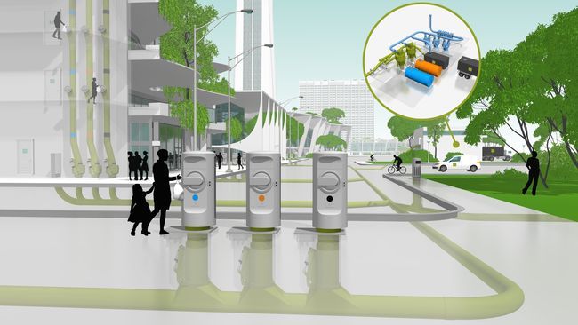 Le système d'Envac supprime le transit des poids lourds dans les rues de la ville et utilise un réseau souterrain d’aspiration pour transporter les déchets ménagers et recyclables vers un point de collecte central