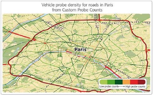 vehicle probe density for roads in Paris from Custom Probe Counts