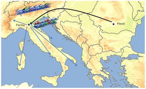 Au dpart de Pitesti, GEFCO opre un flux routier et ferroviaire de vhicules finis, jusqu'au parc de Parme, pour une distribution sur toute l'Italie (un train hebdomadaire en moyenne en 2011).