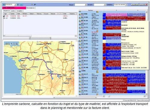 L'empreinte carbone, calculée en fonction du trajet et du type de matériel, est affichée à l'exploitant transport dans le planning et mentionnée sur la facture client.