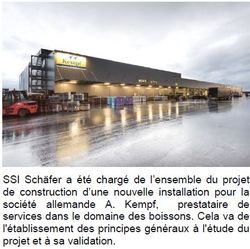 SSI Schäfer a été chargé de l’ensemble du projet de construction d’une nouvelle installation pour la société allemande A. Kempf, prestataire de services dans le domaine des boissons. Cela va de l'établissement des principes généraux à l'étude du projet et à sa validation.