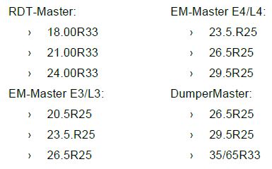 Les dimensions disponibles des Pneus Earthmover/Génie Civil de la gamme radial Continental
