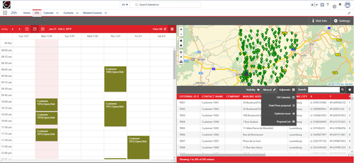 Planification professionnelle de tournées : PTV Map&Market 25h permet une planification facile des semaines de travail. Le calendrier peut être rempli automatiquement et les tournées peuvent être optimisées si les rendez-vous sont modifiés