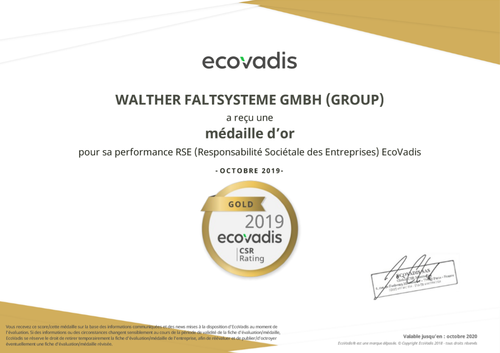 WALTHER décroche la médaille d'or EcoVadis