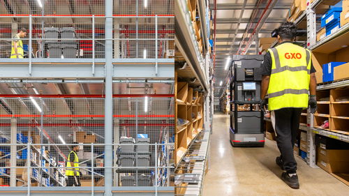 Les cobots sont déployés sur plusieurs niveaux de mezzanines dans l'un de ses centres de distribution à Milton Keynes, en Angleterre