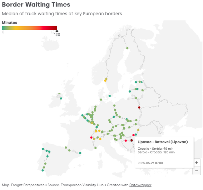 La carte permet de suivre en temps quasi-réel les temps d’attente des camions.