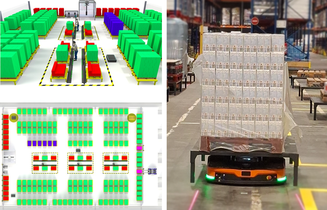 La solution permet  de constituer des palettes complètes de références A+, automatiquement banderolées et étiquetées pour expédition, ou des palettes destinées à être complétées d’autres références par un picking sous rack manuel assisté<br>
                Crédit photo : Enjoy Automation