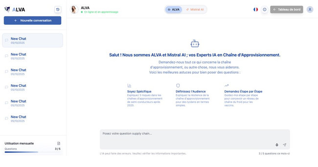 Grce  la puissance combine de Mistral + Websearch et  un corpus de connaissances exclusives issues de diffrents contributeurs, Ask Alva offre une pertinence ingale sur des sujets complexes : transport, entrepts automatiss, schmas directeurs logistiques, sourcing, inflation des cots ou digitalisation des oprations.