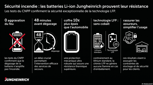 Les r&eacute;sultats des tests apportent des &eacute;l&eacute;ments de r&eacute;assurance dans un contexte o&ugrave; certains acteurs restent prudents sur l&rsquo;usage du lithium-ion en int&eacute;rieur..<br>
                            Cr&eacute;dit photo : Jungheinrich.