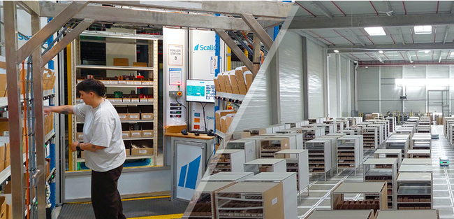 DIMOLOG &eacute;tend la robotisation SCALLOG de son site breton pour accompagner la croissance de l&rsquo;e-commerce, en particulier dans la cosm&eacute;tique. &Agrave; la cl&eacute;, productivit&eacute; multipli&eacute;e, surfaces optimis&eacute;es, am&eacute;lioration des conditions de travail et op&eacute;rations assur&eacute;es 7 jours sur 7.<br>
          Cr&eacute;dit photo : SCALLOG.