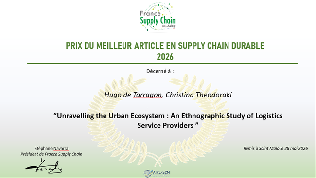 Les deux articles r&eacute;compens&eacute;s ont &eacute;t&eacute; publi&eacute;s dans des revues scientifiques internationales de r&eacute;f&eacute;rence : Journal of Supply Chain Management pour le Prix 2026 et Supply Chain Forum: An International Journal pour le Prix Coup de c&oelig;ur.<br>
              Cr&eacute;dit photo : France Supply Chain.