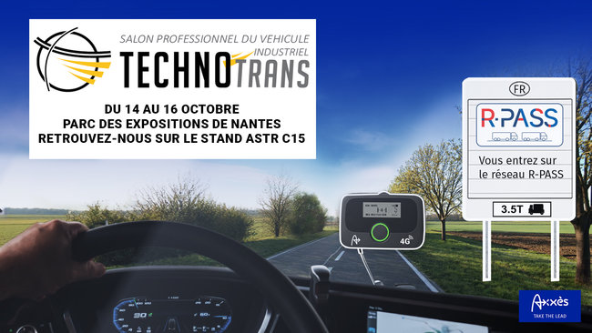 &Agrave; Technotrans 2026, Axx&egrave;s pr&eacute;sentera l&rsquo;int&eacute;gration de la future taxe kilom&eacute;trique alsacienne R-Pass &agrave; son badge C&rsquo;Moov 4G.<br>
  Cr&eacute;dit photo : Axx&egrave;s.