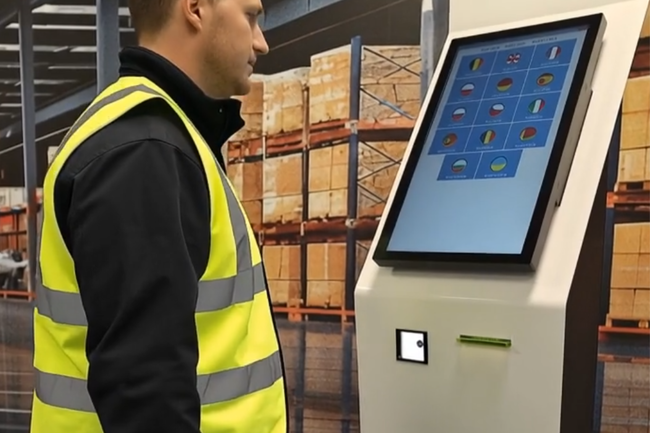 Le chauffeur s&rsquo;enregistre sur la borne et s&eacute;lectionne sa langue avant de poursuivre les &eacute;tapes de contr&ocirc;le.<br>
              Cr�dit photo : ELEVATE.